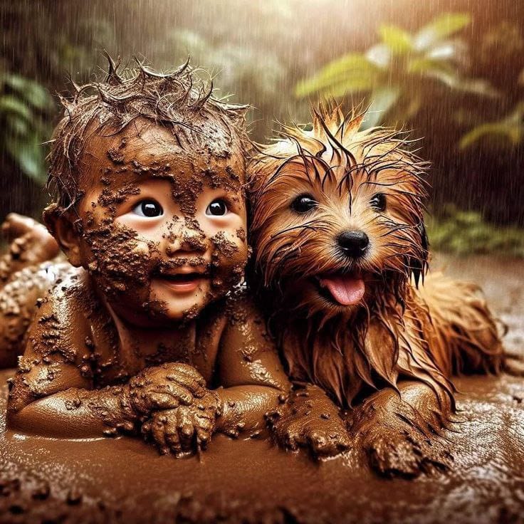 Mud-covered smiling boy and small dog lying in mud pudle during rain with green foliage behind