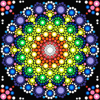 Vibrant dot mandala with rainbow colors radiating from center in symmetrical circular pattern