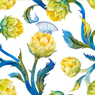 Repeating watercolor pattern of yellow-green artichokes with blue decorative leaves on white background
