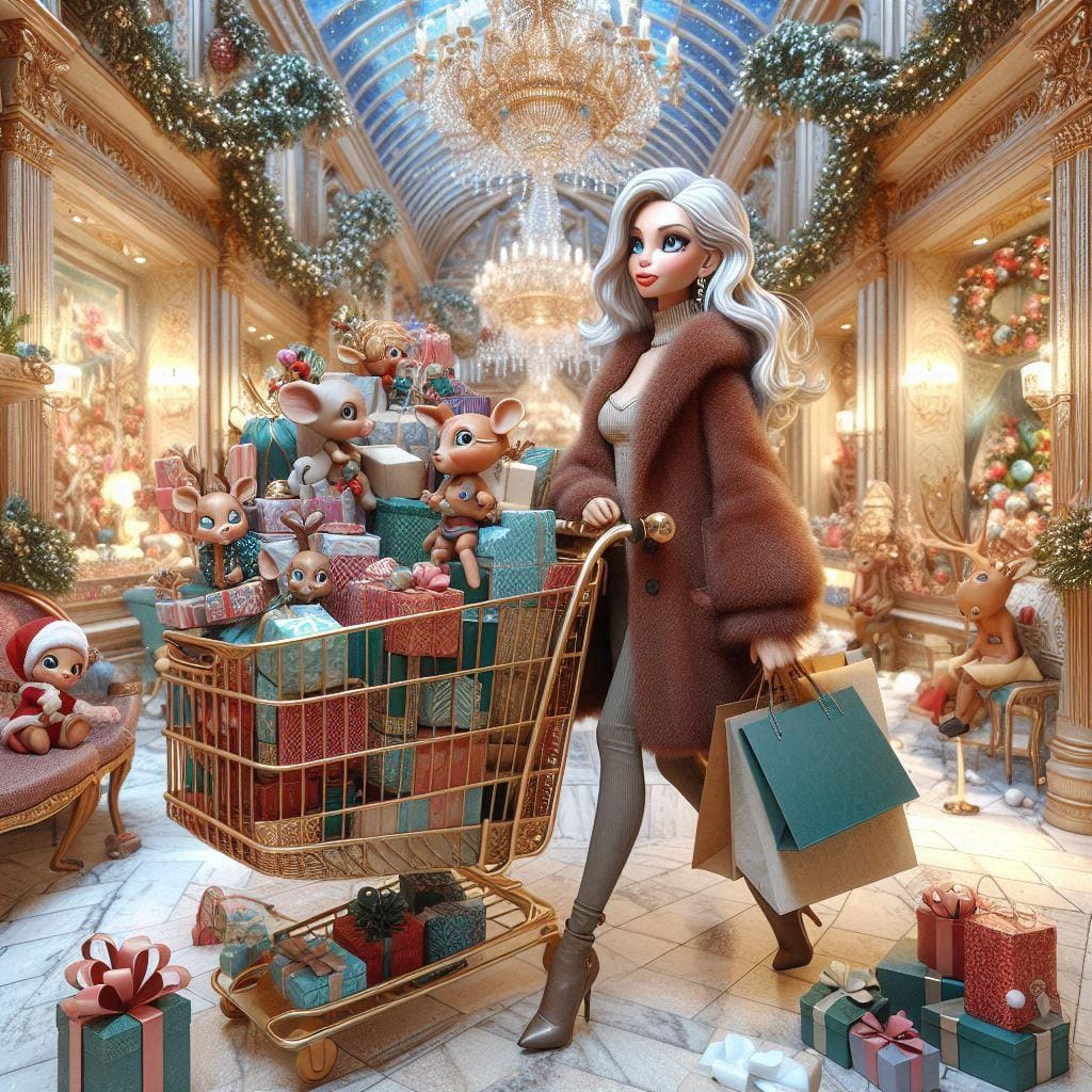 Woman in burgundy coat with shopping cart full of Christmas gifts in ornate decorated mall
