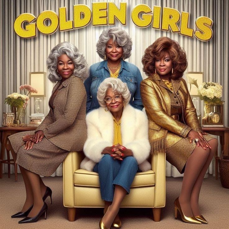 Four women in metallic and vintage outfits posing in a retro gold-themed living room