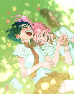 Two anime characters with blue and pink hair laughing together while lying on grass with petals floating around