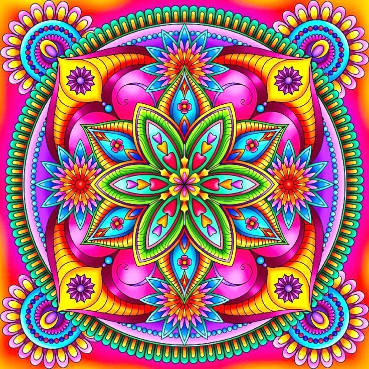 Bright symmetrical mandala with central flower, rainbow geometric patterns, and decorative corners on pink background