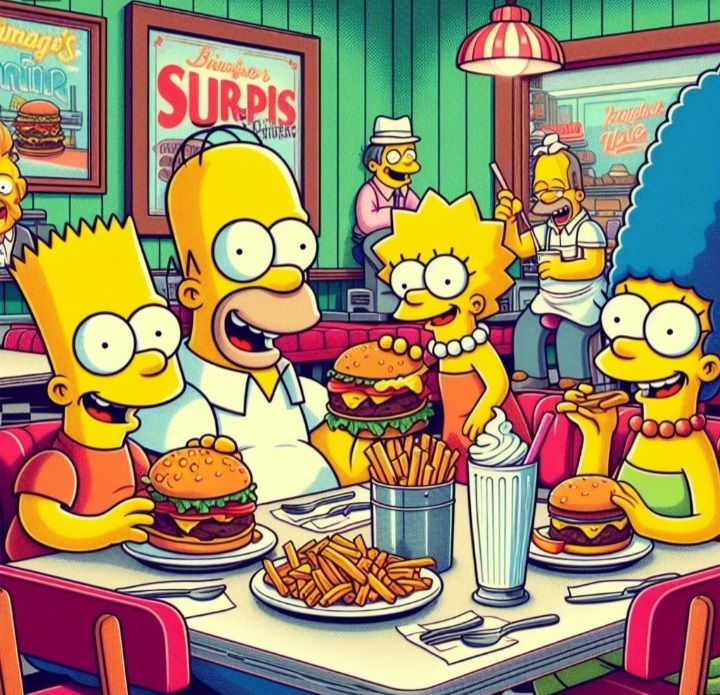 Simpson family eating burgers and fries together at a retro diner table
