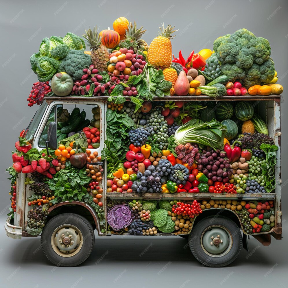 Vintage van entirely covered with assorted colorful fresh fruits and vegetables on gray background