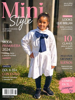 Young girl in white dress and navy bow on the cover of Mini Style children's fashion magazine, May 2024
