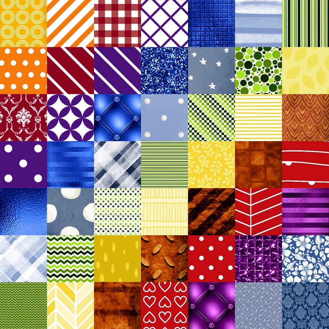 Colorful patchwork grid showing diverse fabric patterns including stripes, dots, plaids, and geometric designs
