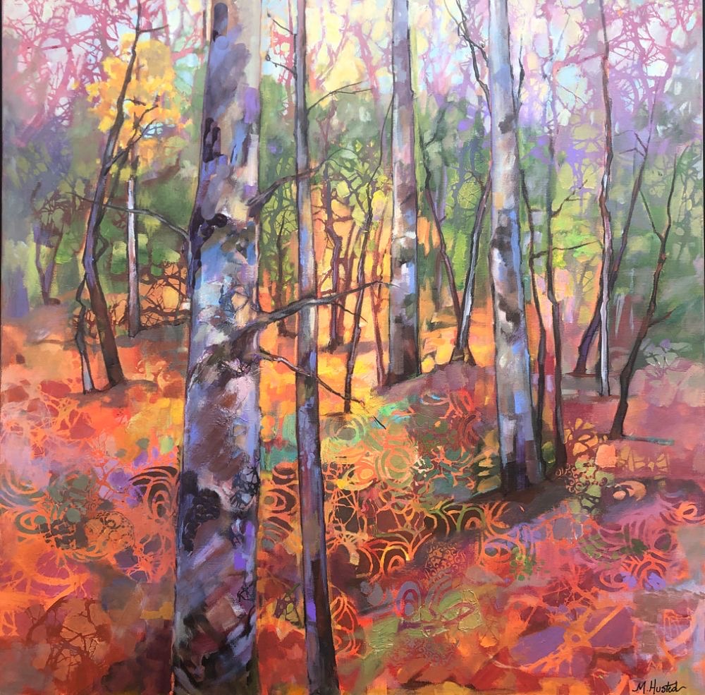 Colorful painting of birch trees in a vibrant forest with pink, orange, yellow, and purple foliage