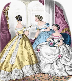 Three Victorian-era women in ornate yellow, blue, and white ball gowns with lace trim in an elegant interior