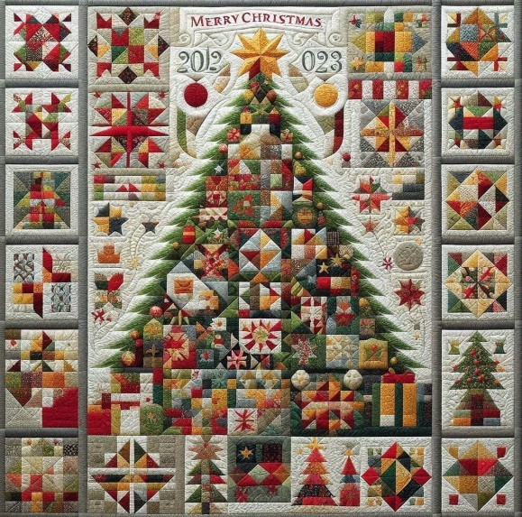 Christmas-themed patchwork quilt with central tree design and star block borders in holiday colors