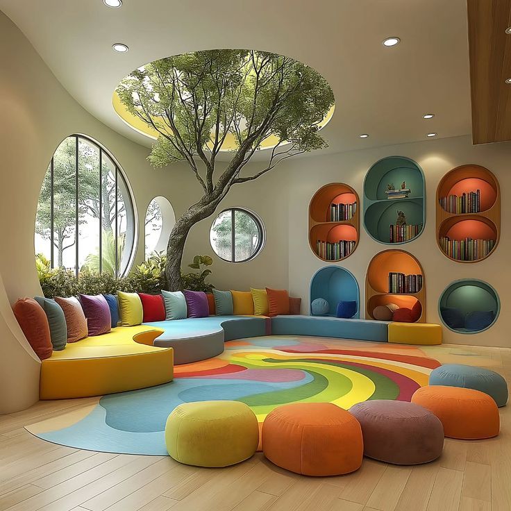 Bright interior room with rainbow-colored furniture, tree sculpture, and colorful circular floor cushions