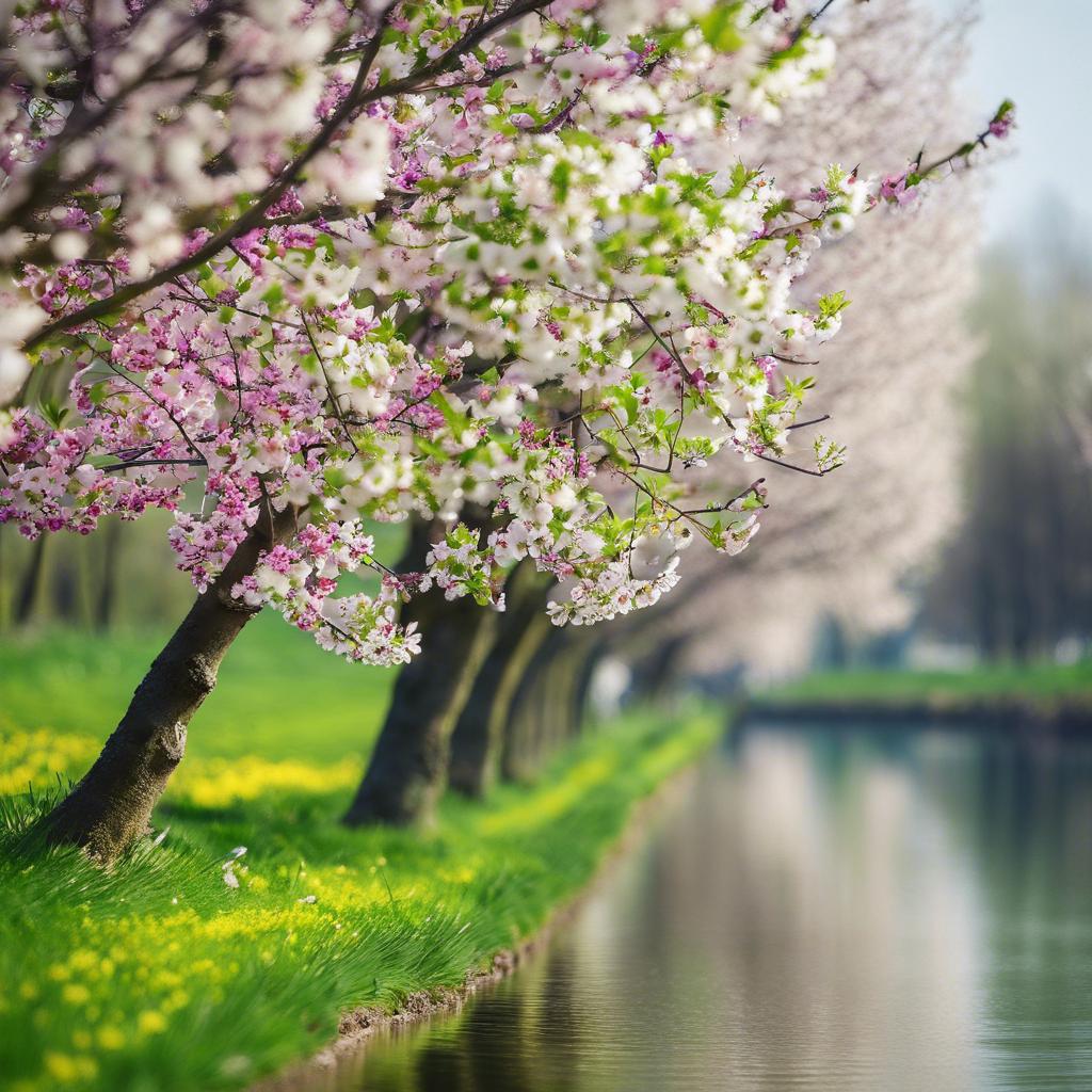 Cherry blossom trees along a grassy canal bank in spring