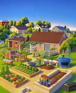 Colorful cartoon illustration of a farm with garden beds, houses, and people working in vegetable gardens