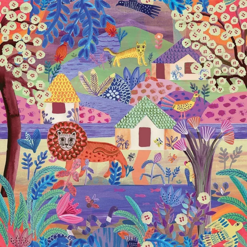 Whimsical folk art village with patterned houses, leopard, and colorful stylized plants in pastel shades