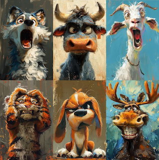 Collage of six colorful painted animal portraits with funny exaggerated expressions