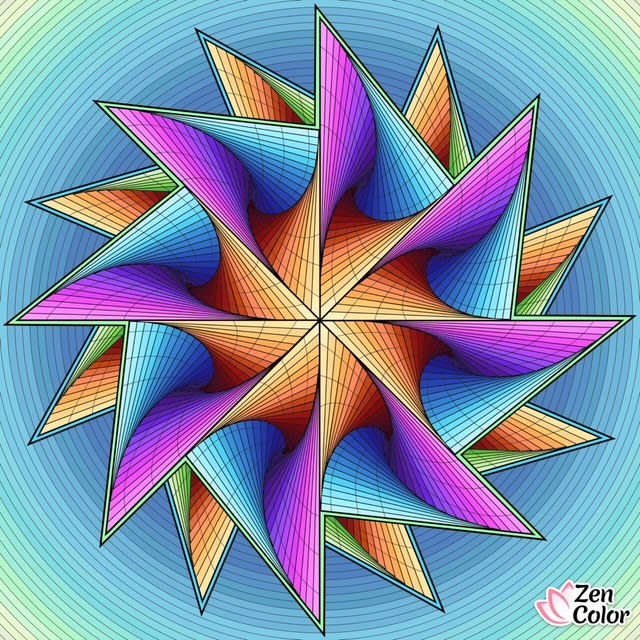 Colorful geometric star mandala with rainbow gradient triangular points on blue striped background