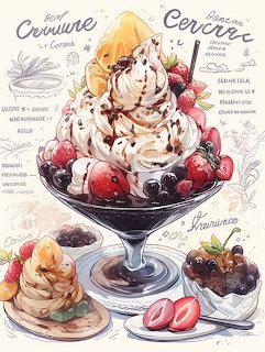 Vintage illustration of ice cream parfait with strawberries and cream in decorative glass