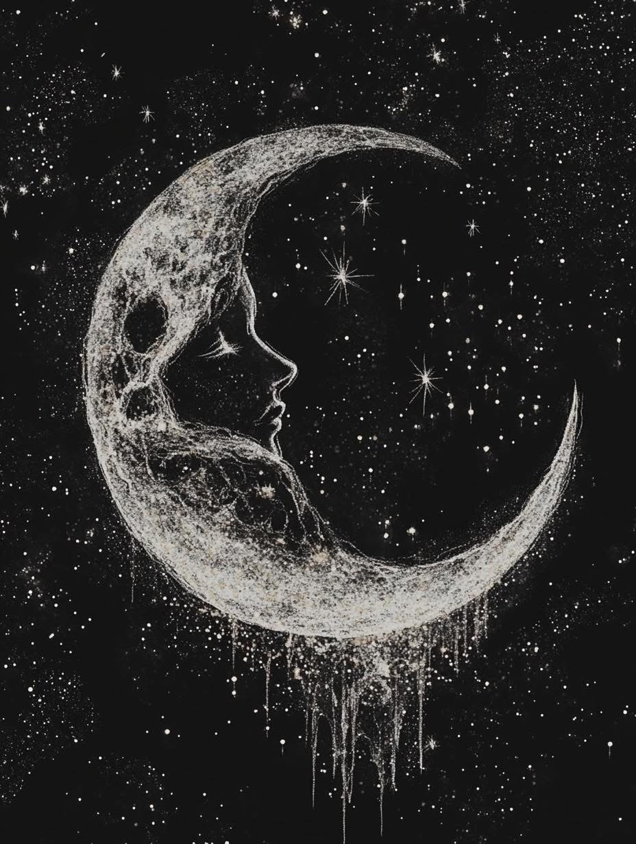 Black and white illustration of a crescent moon with a human face surrounded by stars on dark background