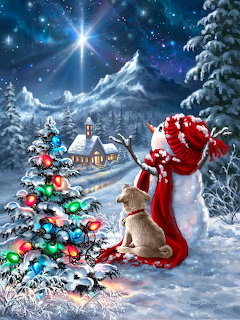 Snowman in red scarf with puppy beside colorful Christmas tree in snowy night scene with village and bright star