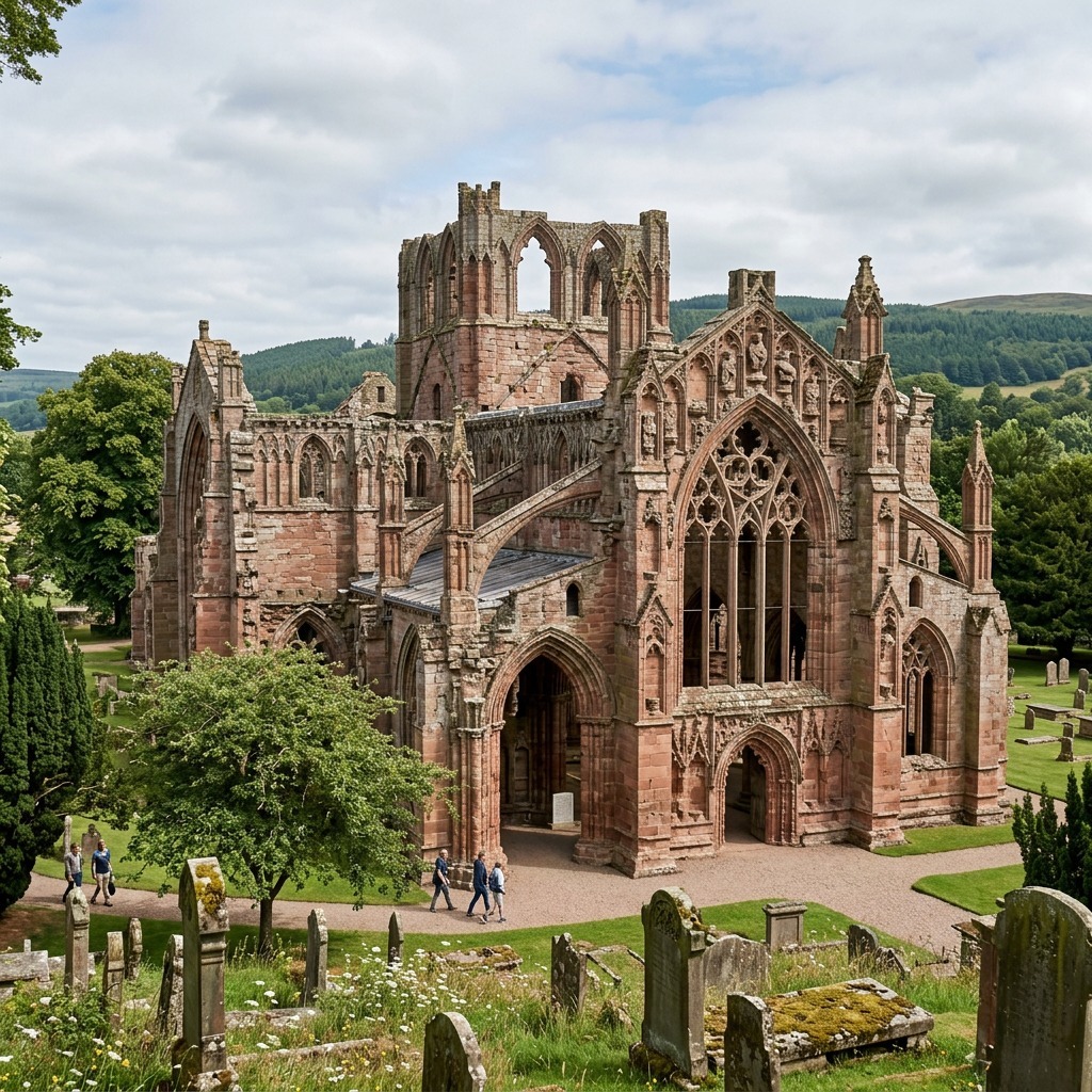 Red sandstone ruins of Melrose Abbey with Gothic arches, surrounded by green lawns and gravestones under cloudy sky