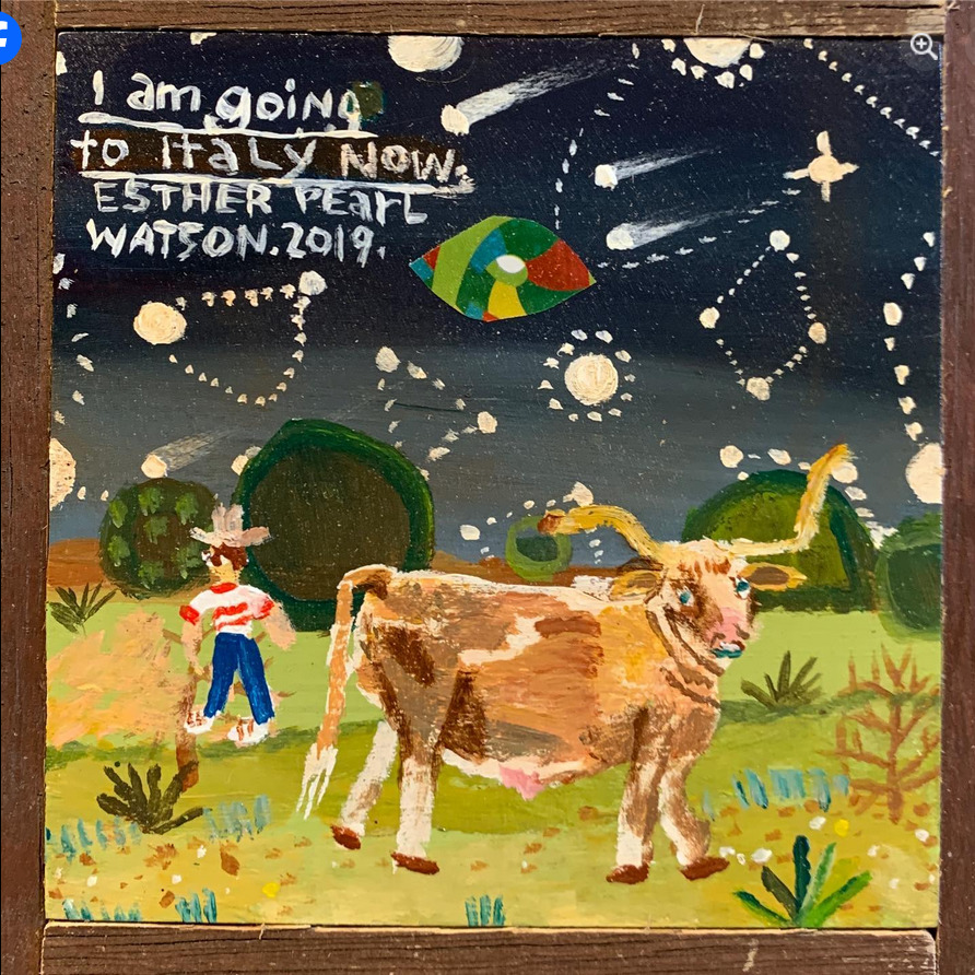 Painting of a brown cow in a field under a starry night sky with comets and handwritten text