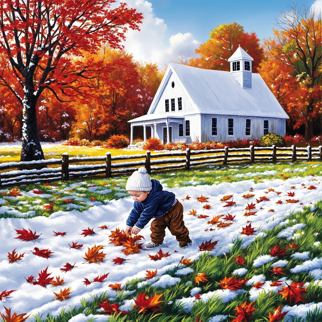 Child in winter clothes playing in snow covered with fallen red autumn leaves near white farmhouse
