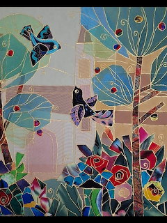 Stained glass mosaic with flowers, butterflies, and colorful geometric patterns in blue, green, red, and yellow tiles