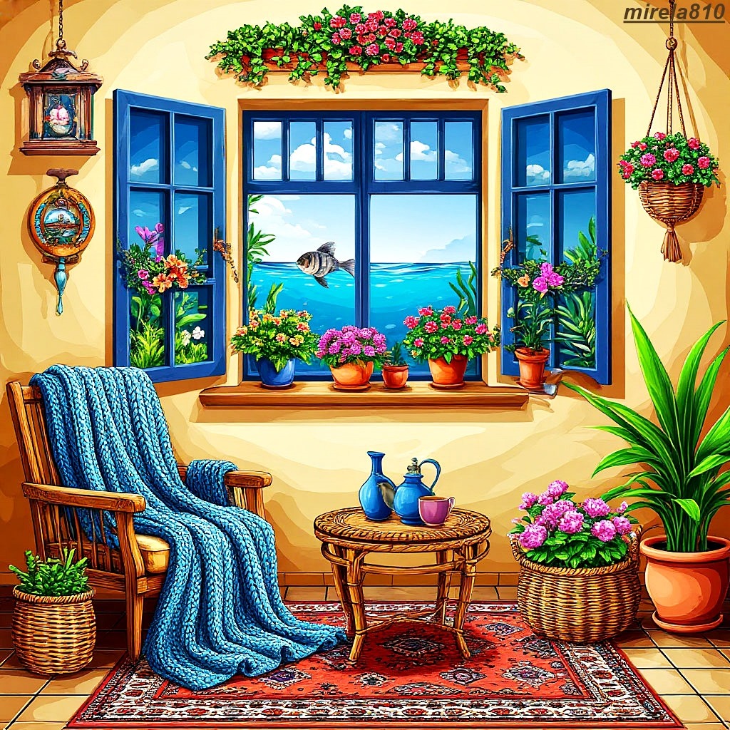 Sunlit room with blue window shutters, ocean view, flowers, wicker chair with blue blanket, and potted plants