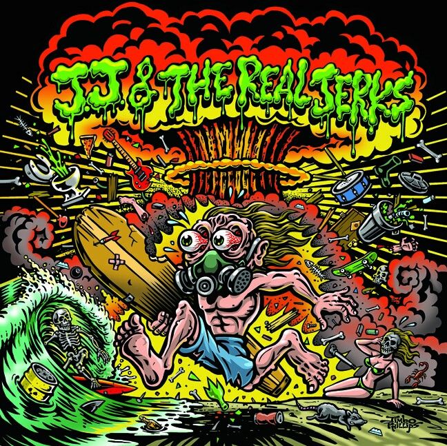 Psychedelic cartoon of a bug-eyed surfer monster riding a wave amid chaotic colorful details