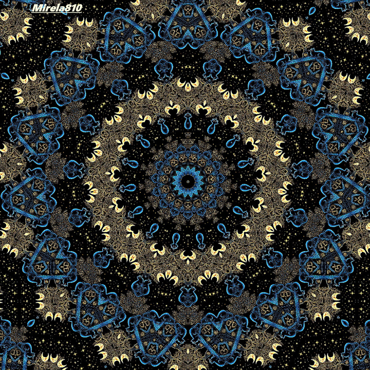 Intricate circular mandala with blue, gold and black geometric patterns in radial symmetry