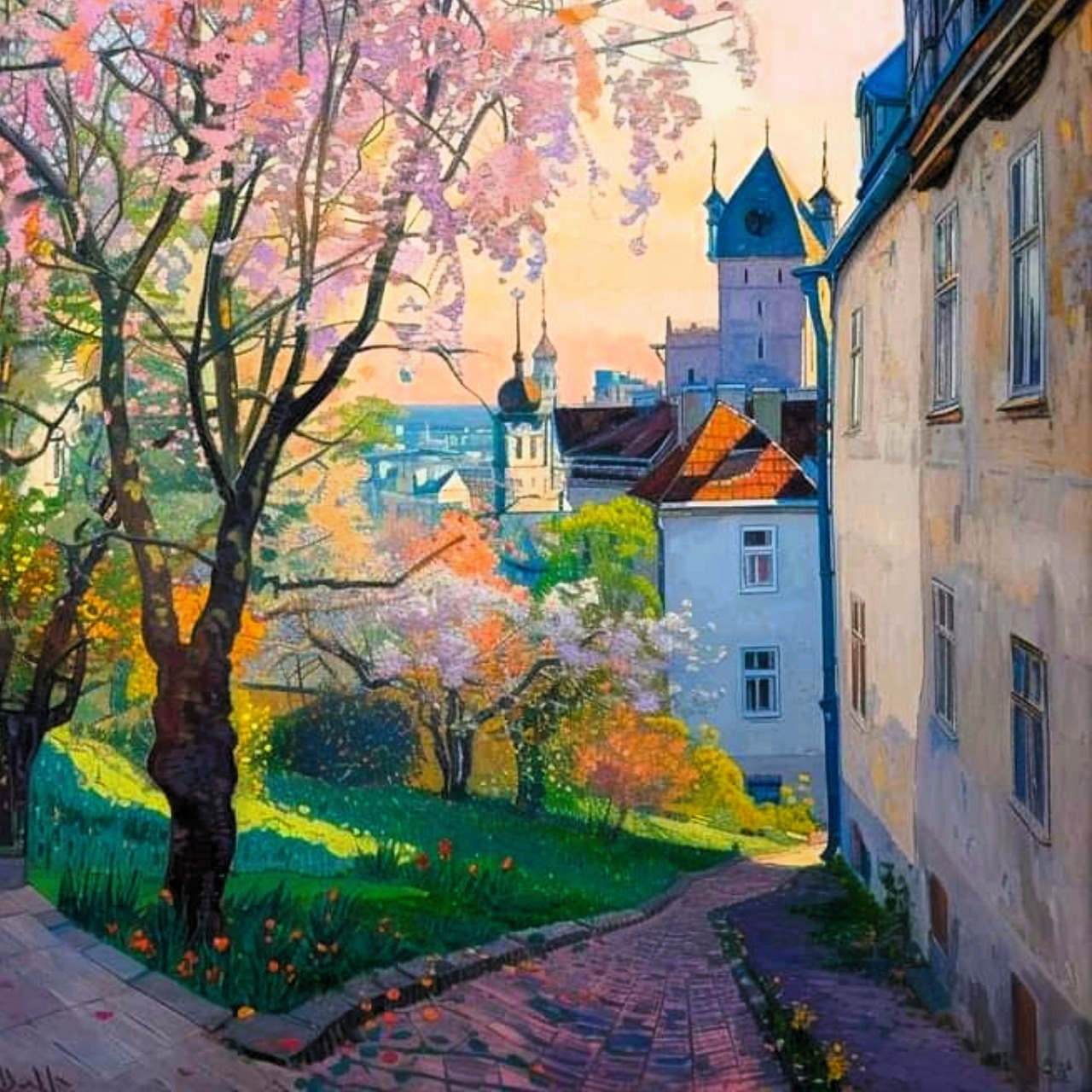 Cobblestone street with pink cherry blossoms, historic buildings and castle towers in spring
