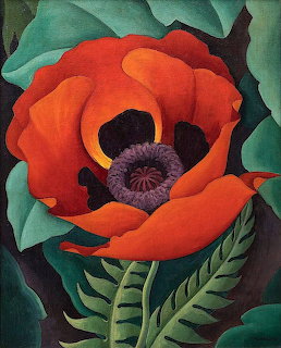 Stylized painting of red-orange poppy with purple center and green foliage