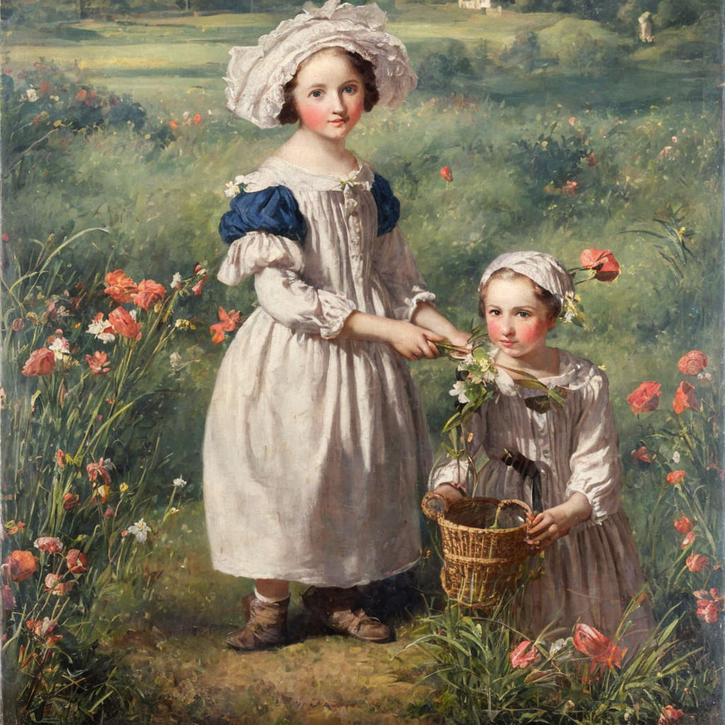 Painting of two young girls in white dresses in a meadow with wildflowers and a basket