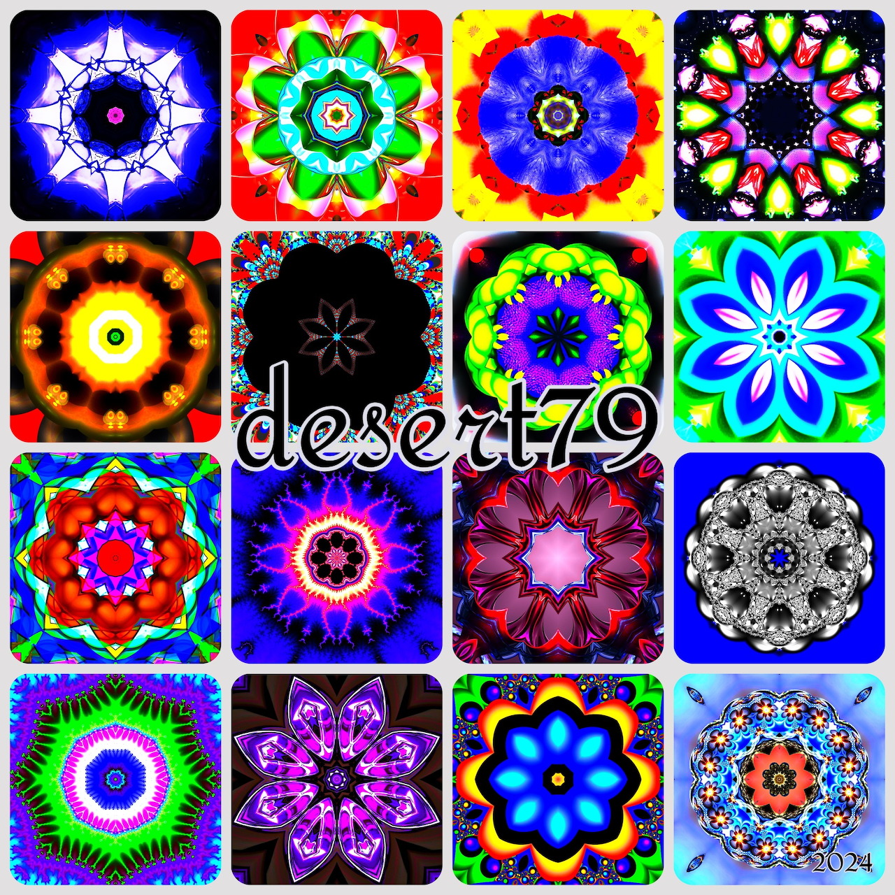 Colorful collage of kaleidoscope mandala patterns arranged in a square grid