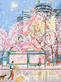 Illustration of a person walking two dogs under pink cherry blossom trees at a city bus stop at night with snow falling
