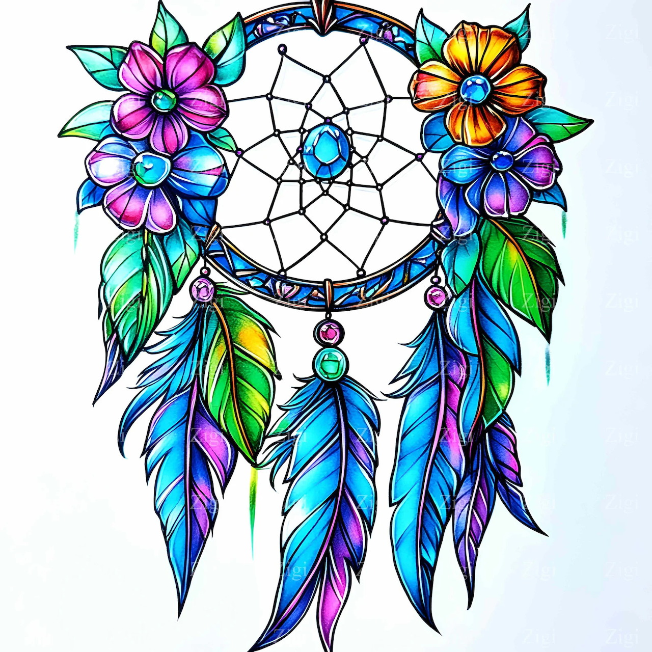 Colorful dreamcatcher with mandala web, flowers, feathers, leaves, and dragonfly in blue, purple, pink, and green tones