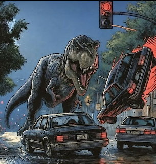 T-Rex dinosaur attacking cars on city street with traffic light