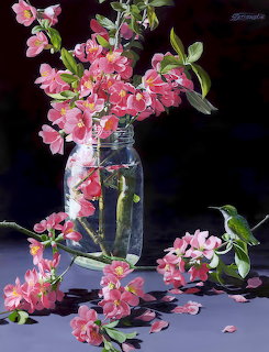 Painting of pink blossoms in a glass jar with two hummingbirds on a dark background