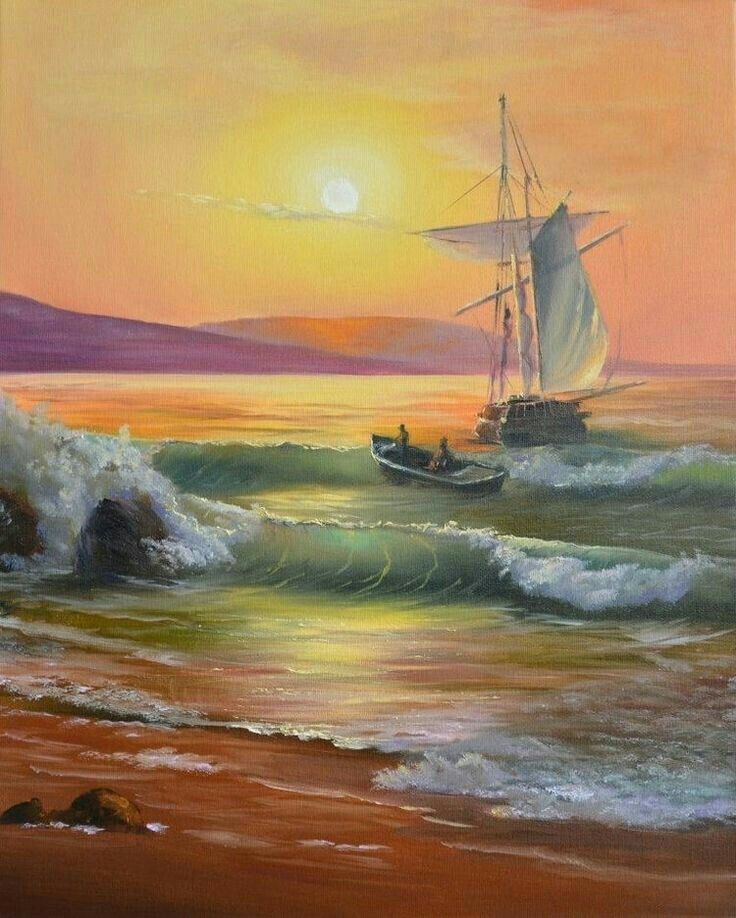 Oil painting of a sailboat on ocean waves at sunset with golden sky and rocky shore
