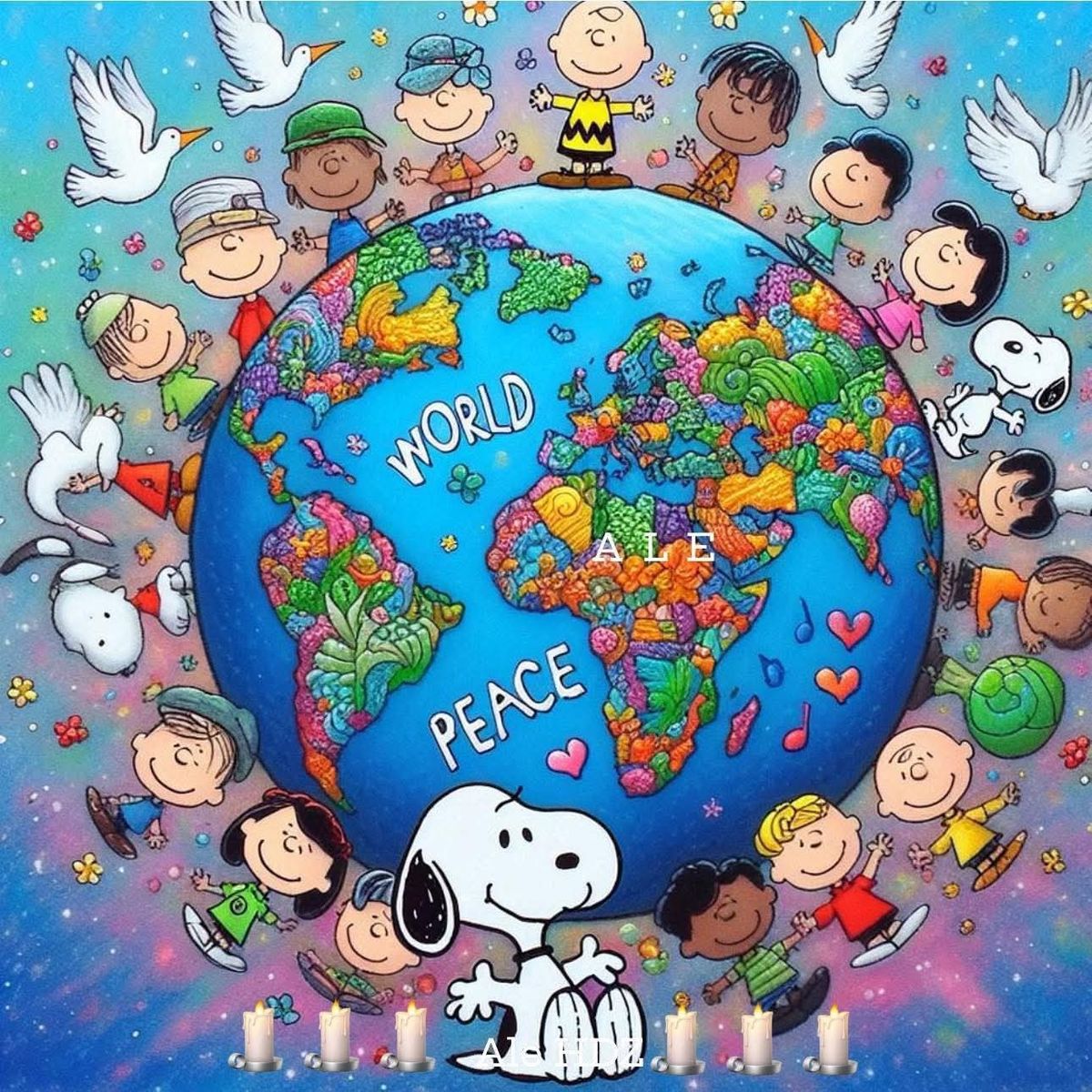 Snoopy and Peanuts characters circle a floral Earth globe with doves and rainbow, promoting world peace theme