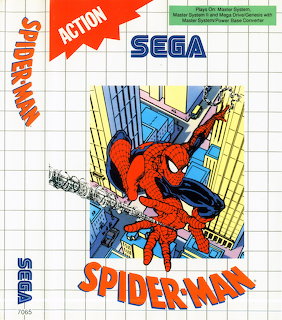 Spider-Man Sega Master System video game box cover art with hero swinging through cityscape