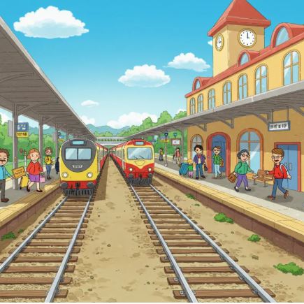 Cartoon train station with platforms, trains, passengers, and yellow building with clock tower