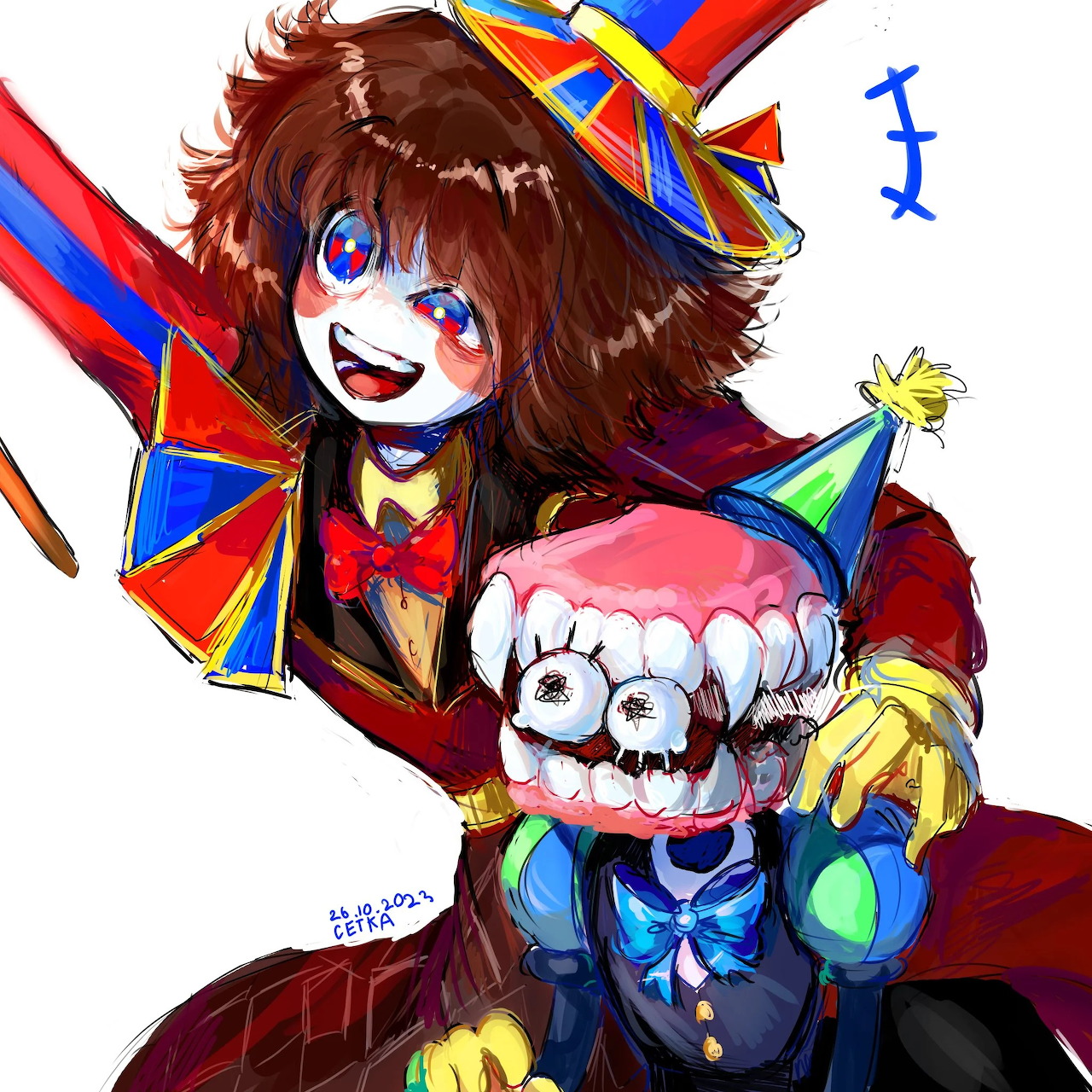 Colorful fan art of two stylized circus characters on a white background