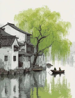 Ink wash painting of Chinese water village with willow tree and boat