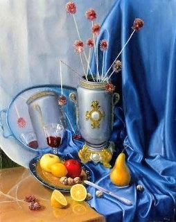Still life painting with fruit, a wine glass, and a decorative urn beside blue drapery.