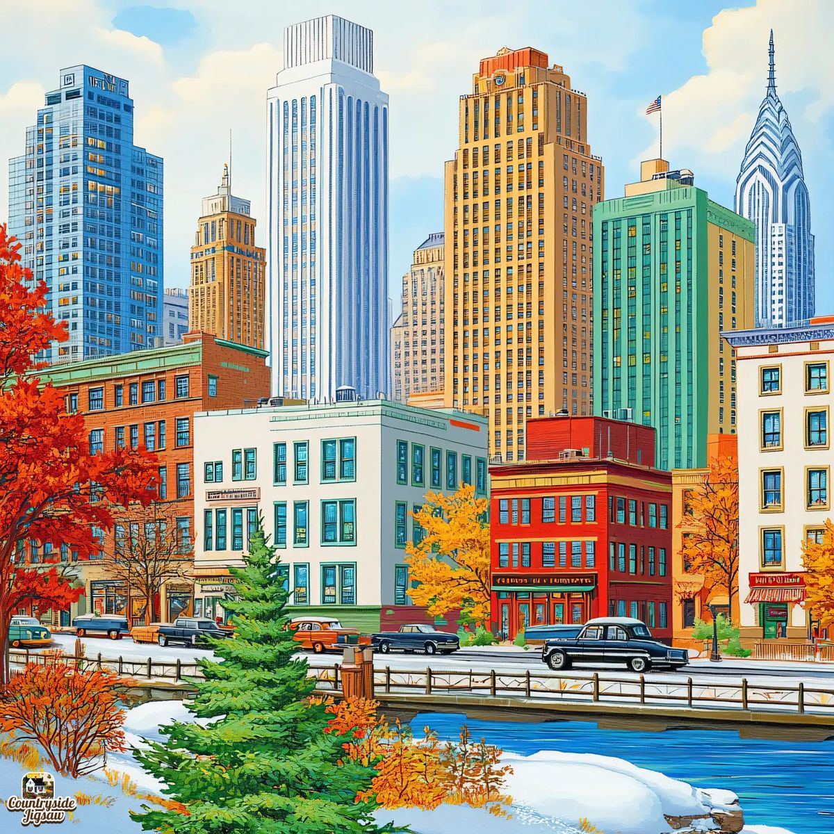 Illustration of colorful city skyscrapers with autumn foliage and snow in foreground