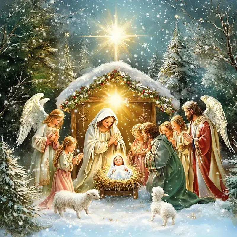 Nativity scene with Holy Family, angels, shepherds and lambs in snow-covered stable with glowing star above