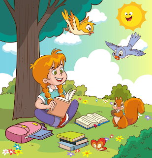 Cartoon girl reading under a tree with books, birds, a squirrel, and a smiling sun