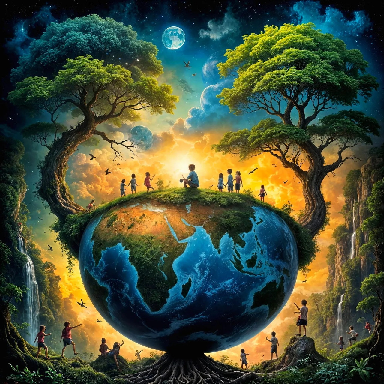 Surreal fantasy art of Earth globe with golden trees, people silhouettes, and starry sky