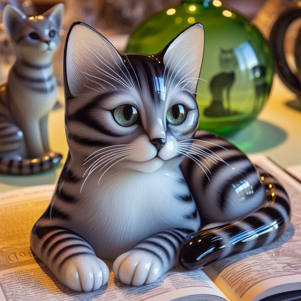 Ceramic striped tabby kitten figurine with large green eyes and glossy finish on wooden table